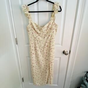 Floral Midi Dress Womens Small Yellow Ruffle Strap Sweetheart flowy fairy